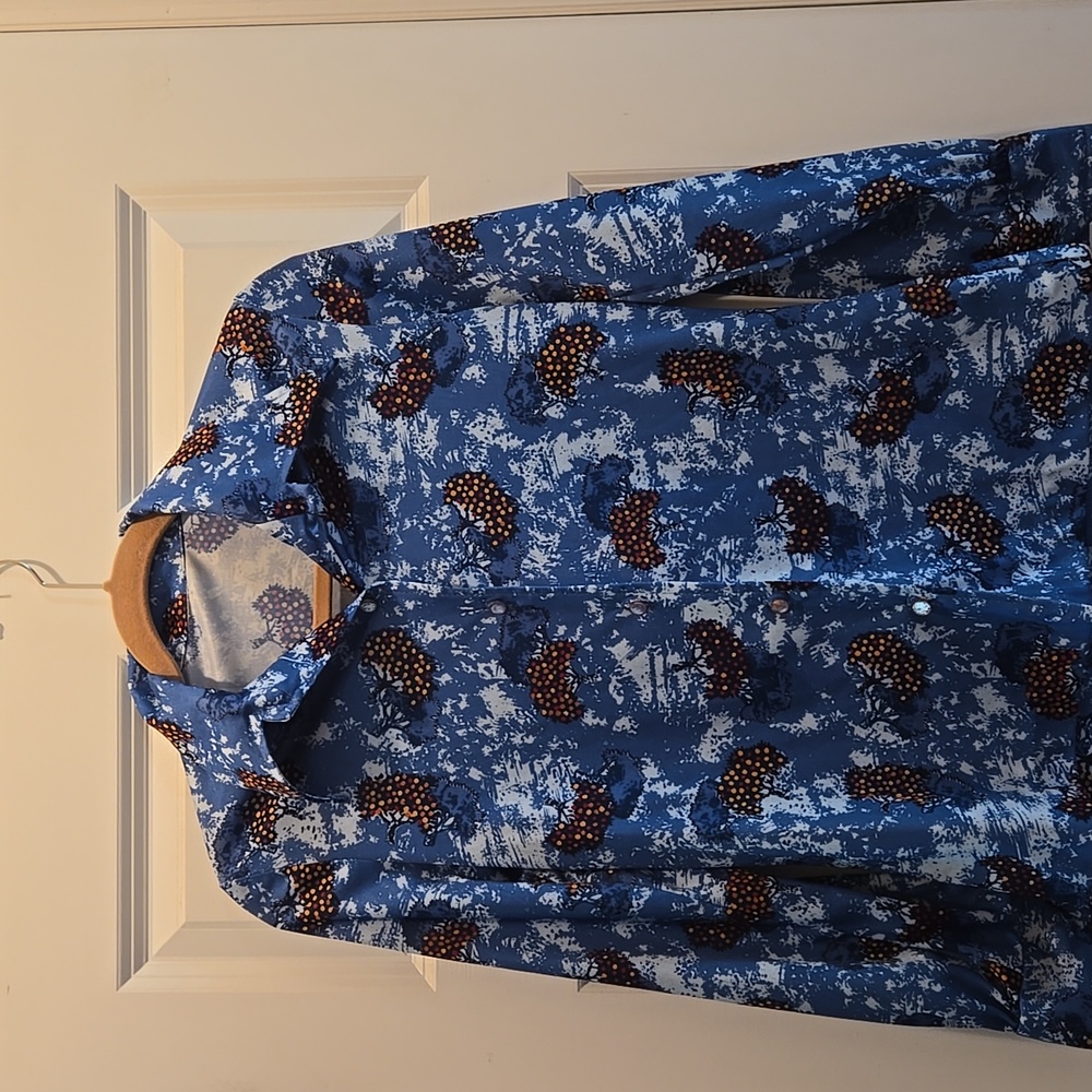 Vintage 70s Top Women’s M Blue Dagger Collar Blouse Tree Printed Button Up Shirt